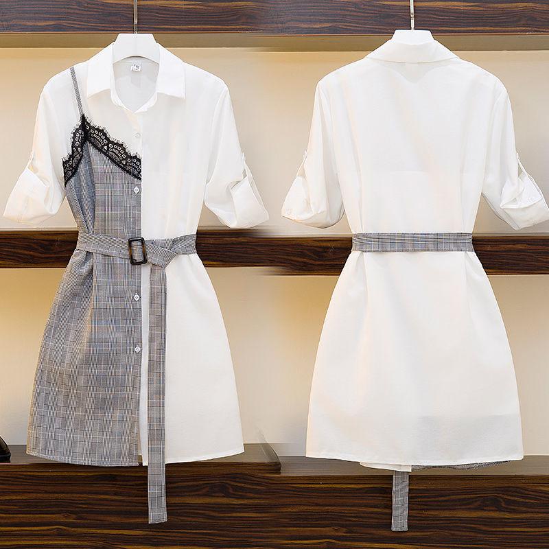 Women Shirt Dress Summer  Female Plus Size Slim Lace Plaid Stitching Midi Dress Elegant Dress with Sashes