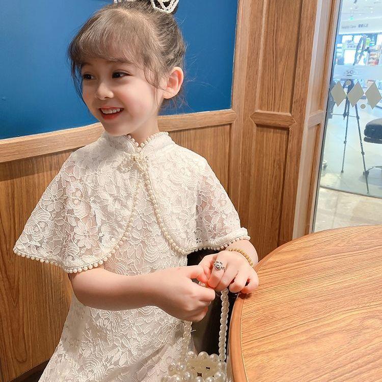 Summer Kids Dresses for Girls Little Girls Clothes Party Birthday Toddler Children Lace Princess Costume Pure Color Pearl Shawl Cheongsam Hanfu
