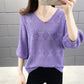 Women's V-neck Hollow Knit Sweater Women's Loose Korean Version of Batwing Sweater Top Women's Short Thin Knit Pullover Sweater