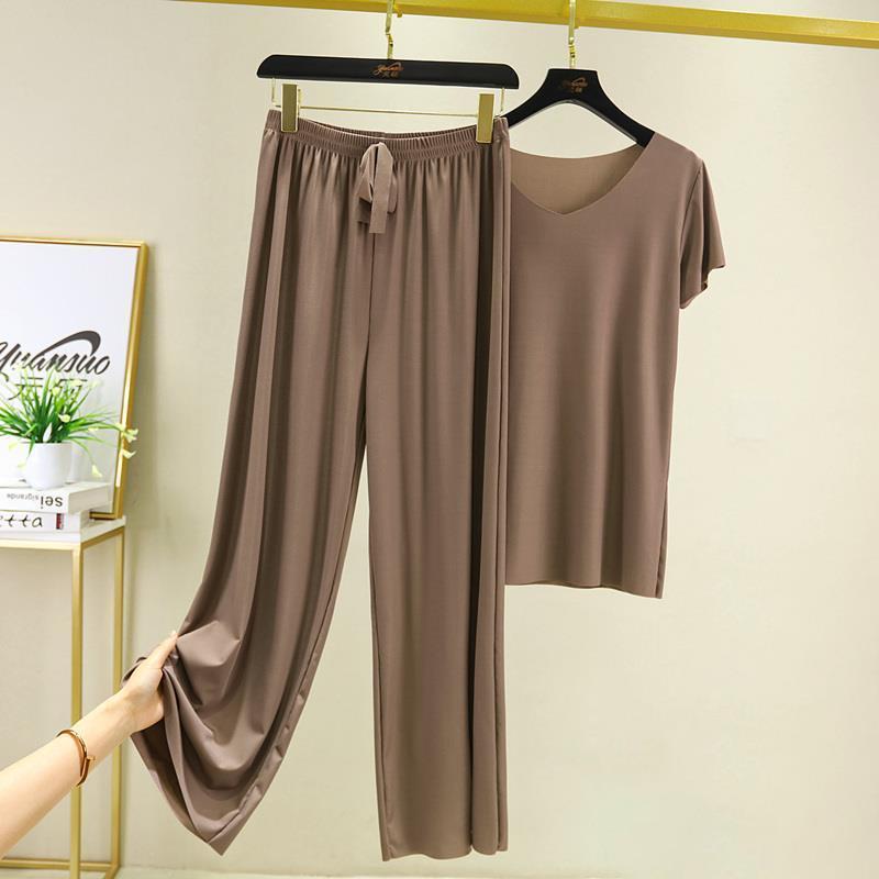 Ice Silk Pajamas Two-piece Short-sleeved Suit Women's Home Wear Casual Loose Wide-leg Pants Pajamas Fabric Light and Soft