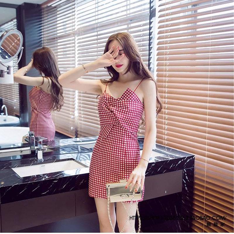 Pofulove Bow plaid Spaghetti Strap Dress summer sexy package hip slimming club sleeveless dress