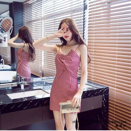 Pofulove Bow plaid Spaghetti Strap Dress summer sexy package hip slimming club sleeveless dress