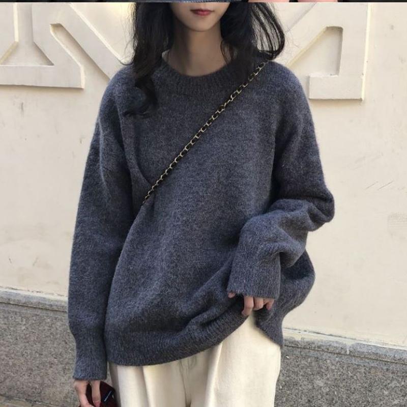 Large Size Sweater Women Korean Version Loose Solid Color Round Neck Pullover Long Sleeve Sweater Top Ins