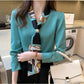 Ladies Shirt Design V-Neck White Blue Contrast Color Long-Sleeve Top Temperament Tie Professional Dress