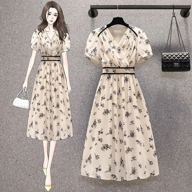 Large Size Women's Dresses Summer Fashion Temperament Waist-covered BellyThin Floral Dress