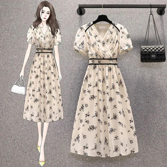 Large Size Women's Dresses Summer Fashion Temperament Waist-covered BellyThin Floral Dress