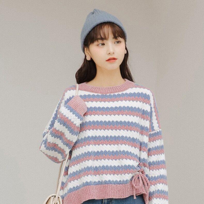 Autumn Winter Women Stripe Knitting Sweaters Korean O-Neck Loose Casual Jumpers Long Sleeve Pullover Tops Girls Sweet Warm Sweater Soft Knitwear Coat