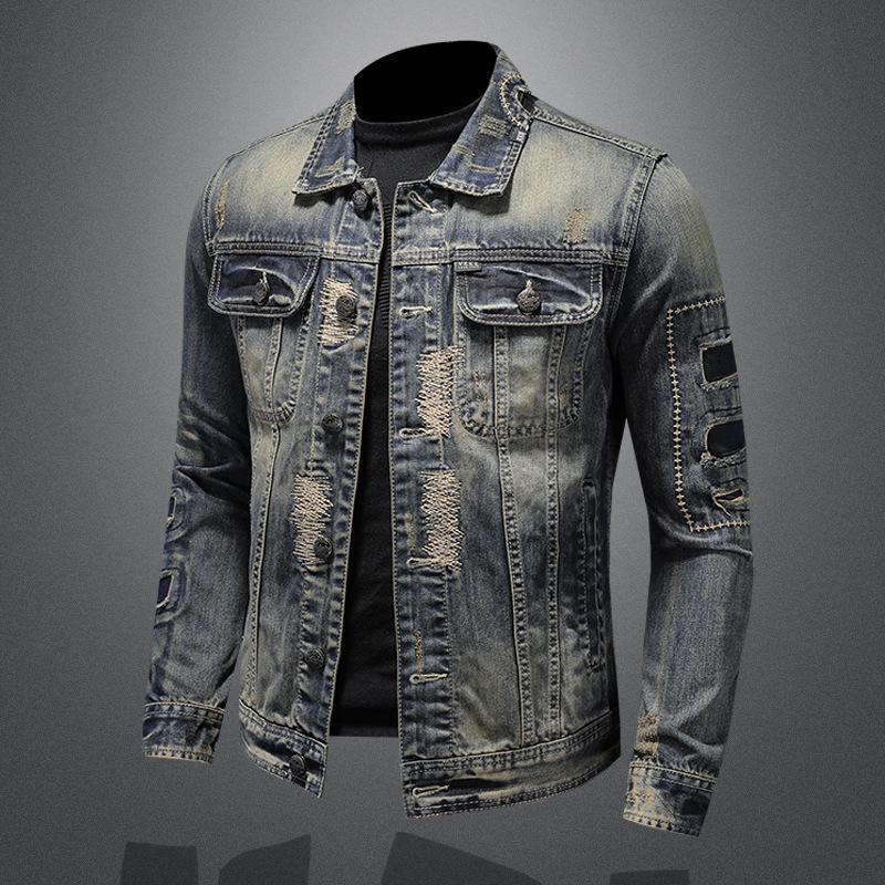 Spring and Autumn Men's Denim Jacket Europe and The United States Heavy Industry Hole Patch Denim Jacket Retro Worn Top