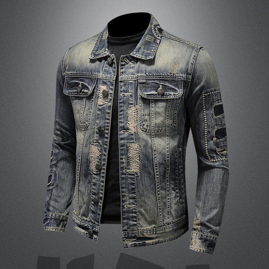 Spring and Autumn Men's Denim Jacket Europe and The United States Heavy Industry Hole Patch Denim Jacket Retro Worn Top