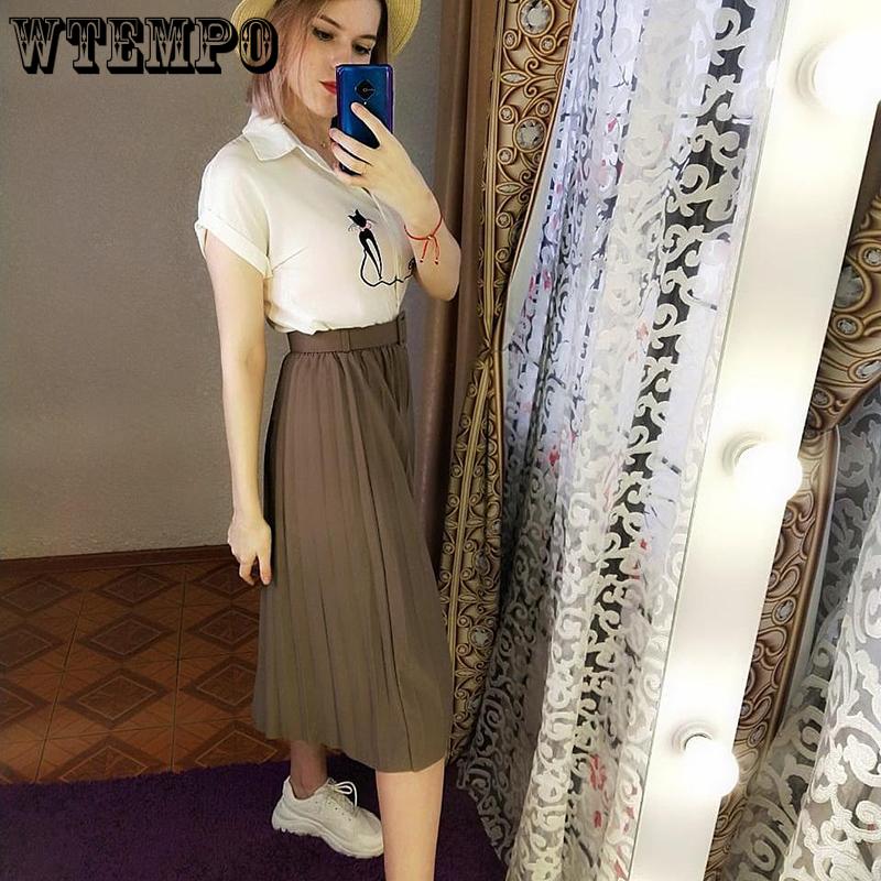Skirt+Belt Female Pleated Skirt Euro-American Women's Fashion Pure Colored  Loose Half-length Skirt