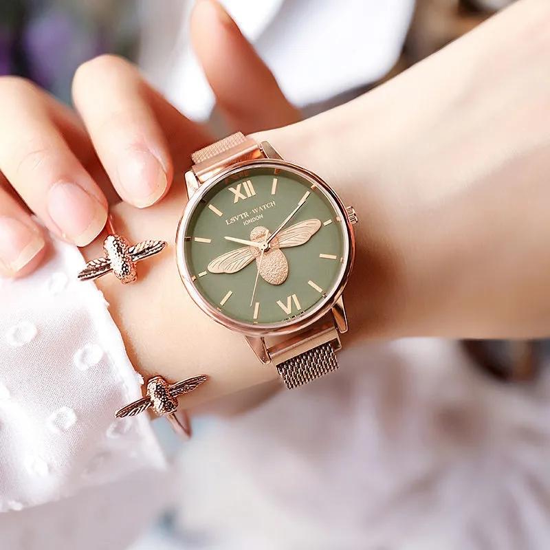 Women's Little Bee Light Luxury Niche Quartz Watch Ladies Retro Simple Disc Student Waterproof Wrist Watches Titanium Alloy Strap