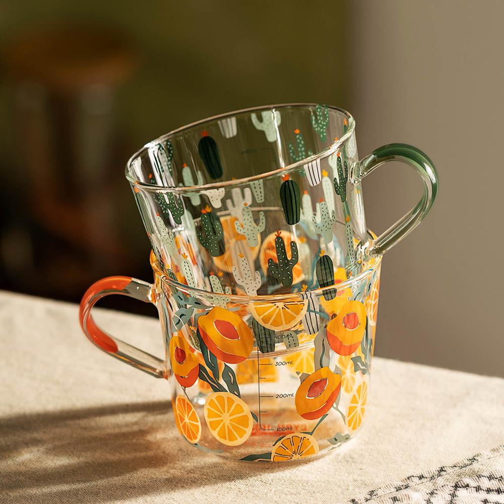 500ml Yellow Peach Cactus Glass Tea Milk Cups with Scale Coffee Mug Party Creative Drinkware Tumbler Water Cups