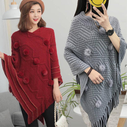 Elegant Women Hairball Shawl Sweater Tassels Loose Batwing Cape Knitwear Outwear Ponchos
