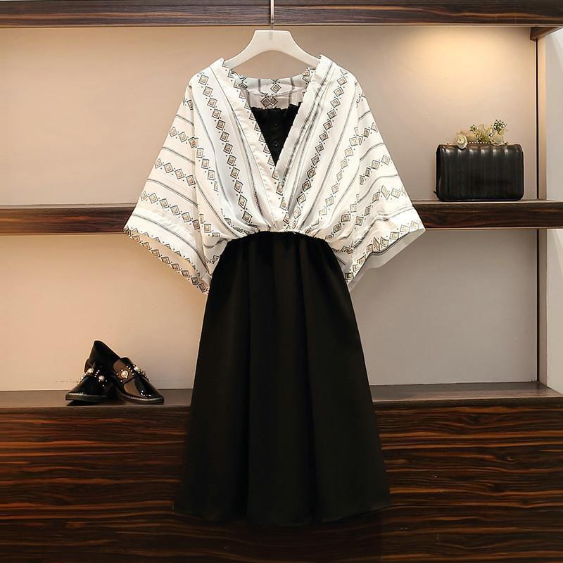 Women Plus Size 2piece Set Summer Deep V-neck Bat Blouse Strap Dress Two-Piece Set