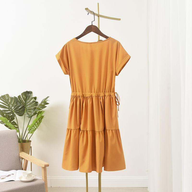 Women Summer Dress Short Sleeved Above Knee Length Large Size Loose Casual Solid Color Dress M-XXXXL