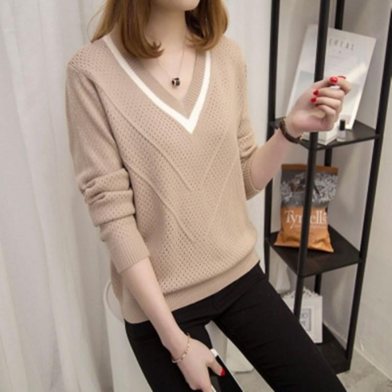 Winter Women Sweater Long Sleeve Solid Color Cutout Casual Pullover Loose V Collar  Ladies Sweater