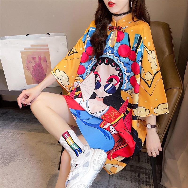 Peking Opera Facial Makeup Summer Dress Knee-length Size M-XXL Chinese Style Print Dress
