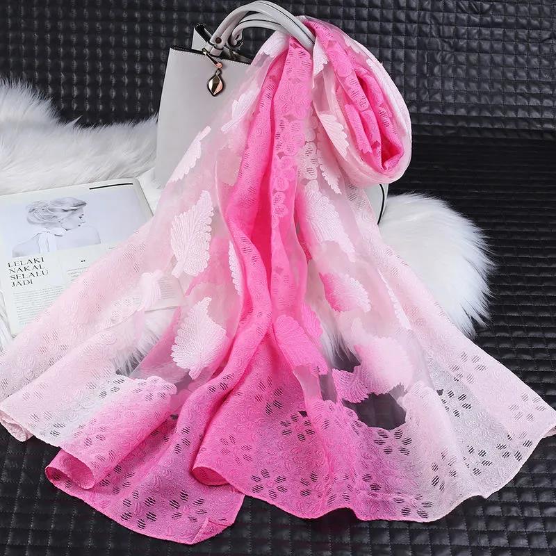 Women's Spring and Summer Two-color Gradient Silk Scarf Hollow Cut Flowers Organza Lace Gauze Scarf Shawl Long 190cm Thin Floral Neckerchief Shawl