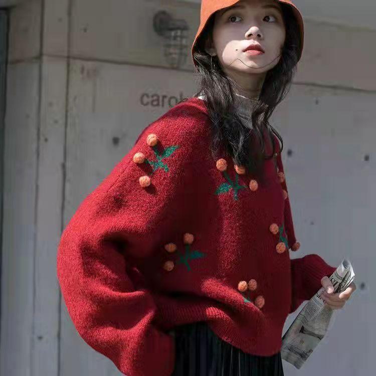 Autumn and Winter Women's Sweater Korean Loose Round Neck Pullover Retro Cherry Pattern Top