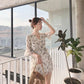 Pofulove Plus Size Women Summer Floral Chiffon Dress Slim Short Dress Over The Knee Sexy Dress