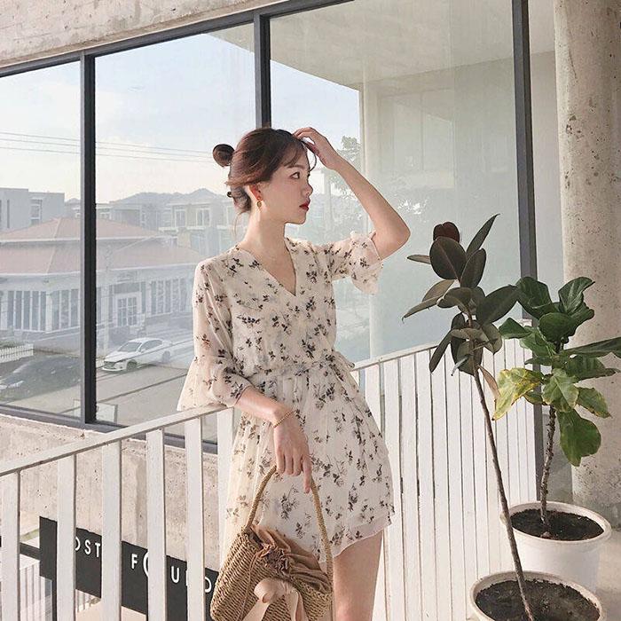 Pofulove S-2XL Women Summer Floral Chiffon Dress Slim Long Dress Below The Knee Sexy Dress