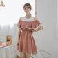 Ladies Off-shoulder Loose Mid-length Dress A-line Version Dress with Waist Slimming Ruffled Sweet and Cute Ladies Off-shoulder Dress