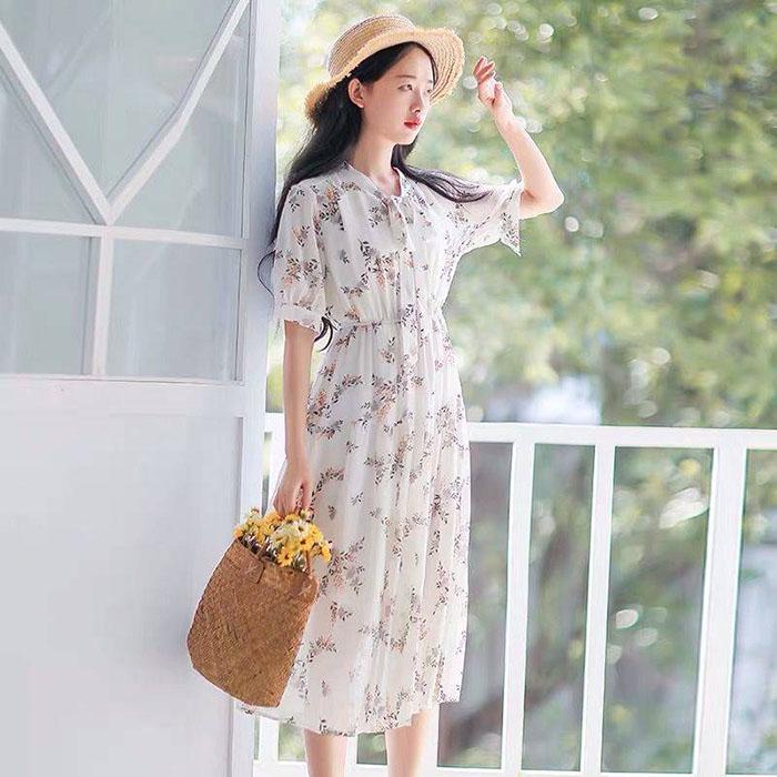 Pofulove Plus Size Women Summer Floral Chiffon Dress Slim Long Dress Below The Knee Sexy Dress