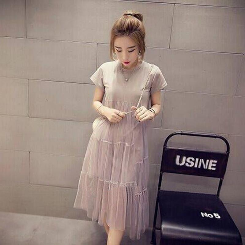 Mid-length Belly Mesh Stitching Dress Summer Dress Plus Size Fat Sister Loose and Thin T-shirt Skirt
