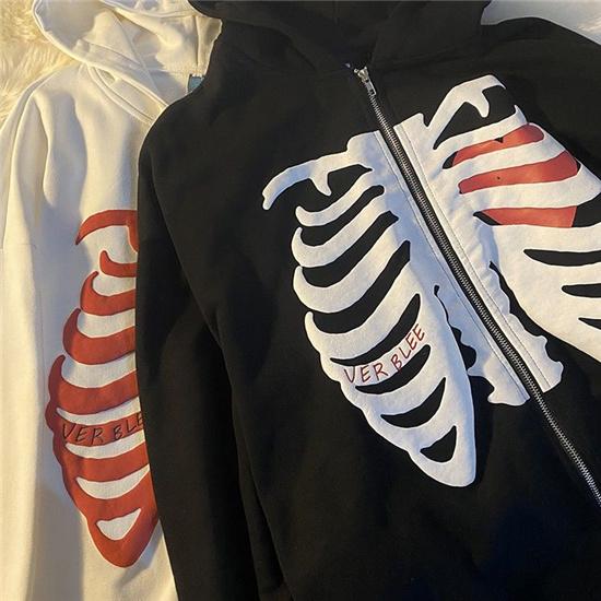 Zipper Harajuku Korean Loose Skull Printed Gothic Long Sleeve Hooded Jacket Solid Color Retro Shirt Student Unisex Top