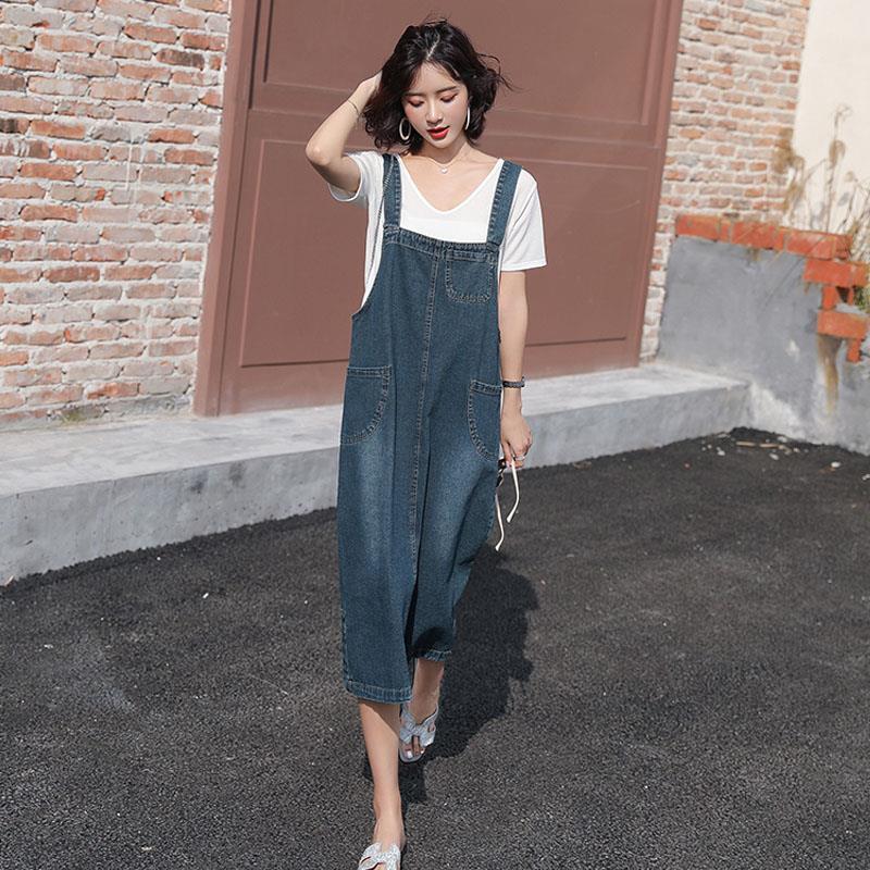 Denim Suspender Skirt Spring Summer Loose Over The Knee Mid-length Suspender Dress Thin