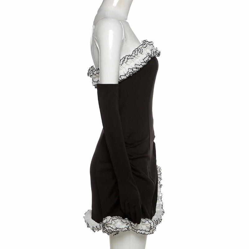 Summer Women's Sexy Wrapped Chest Stitching Ruffled Dress + Gloves