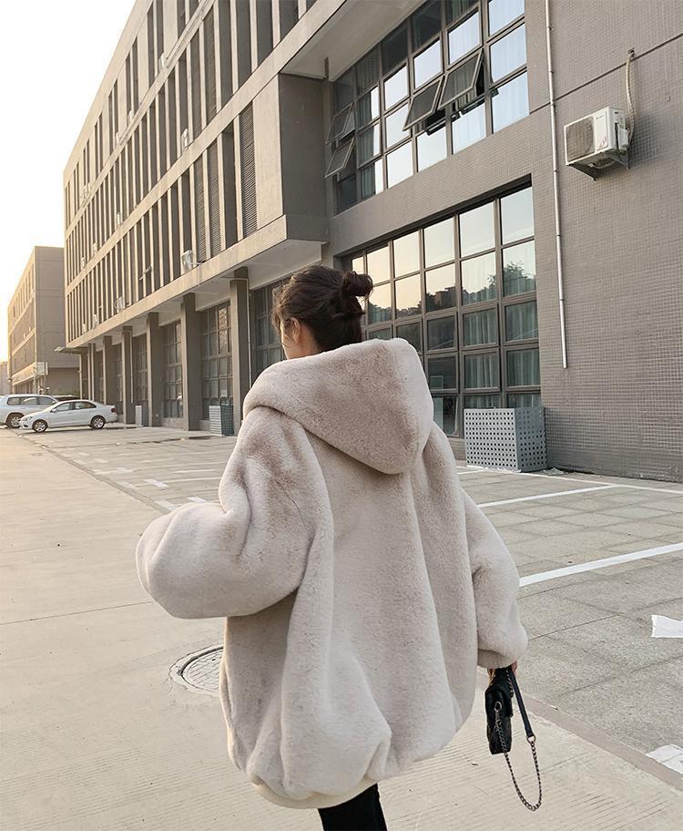 Loose Plush Fleece Jacket Women Winter Imitation Rex Rabbit Fur Grass Mid-length Thick Hooded Coat