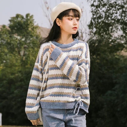 Autumn Winter Women Stripe Knitting Sweaters Korean O-Neck Loose Casual Jumpers Long Sleeve Pullover Tops Girls Sweet Warm Sweater Soft Knitwear Coat