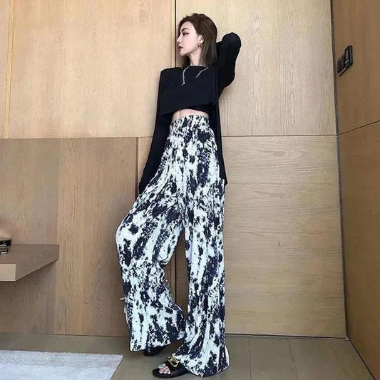 Wide Leg Pants Ladies High Waist Summer Pleated Tie-dye Loose Casual Pants Mopping Trousers