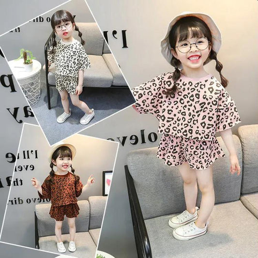 Girls' New Leopard Print Baby Summer Indoor Air-conditioning Suit Short-sleeved Shorts 2-piece Set