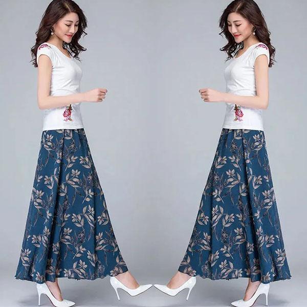 Women's Summer Ice Silk Floral Printing Skirt Elastic High Waist A-line Skirt Large Size Long Large Swing Skirt All-match Casual Skirt