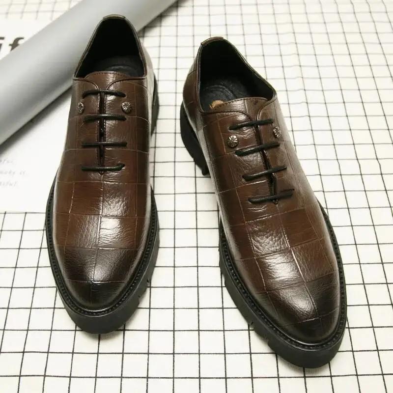 Men's Thick-soled Plaid Leather Shoes Leather Pointed Toe British Business Shoes Casual Shoes Formal Wear Men's Shoes Wedding Husband Shoes Dad Shoes