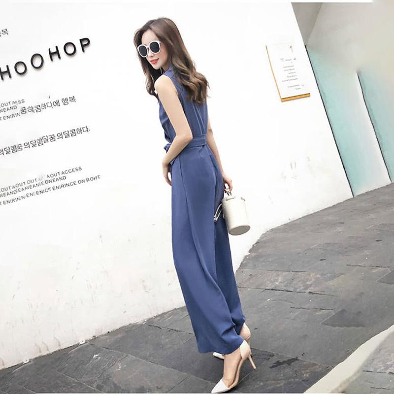 One-piece Wide-leg Pants Women's Summer Leisure V-neck Slim-fitting Jumpsuit Suit Chiffon Fabric Light and Breathable Waist Slimming One-piece Suit