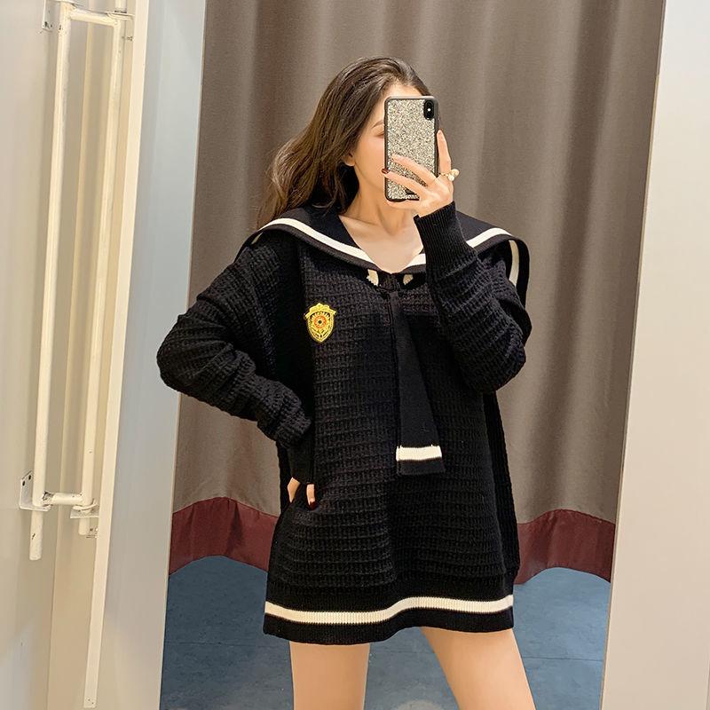 Autumn  Winter Navy Collar College Style Loose Pullover Sweater Women's Mid-length Outer Knit Jacket Jacket