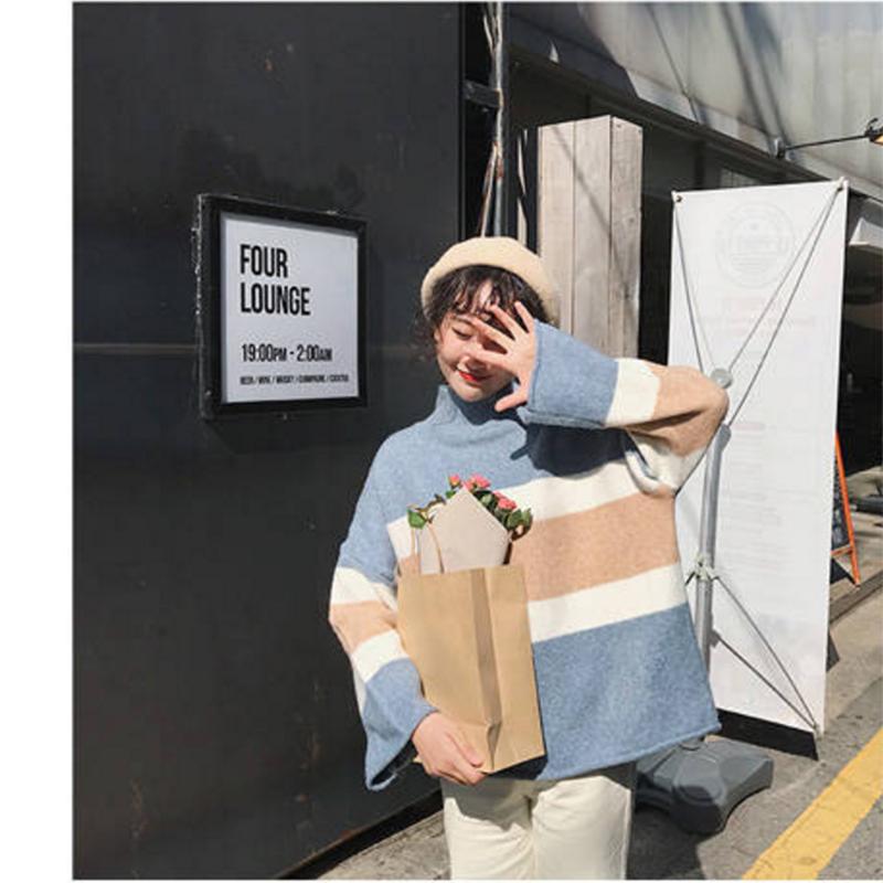 Pofulove new lazy wind wild sweater striped top Half-high collar thick sweater women loose