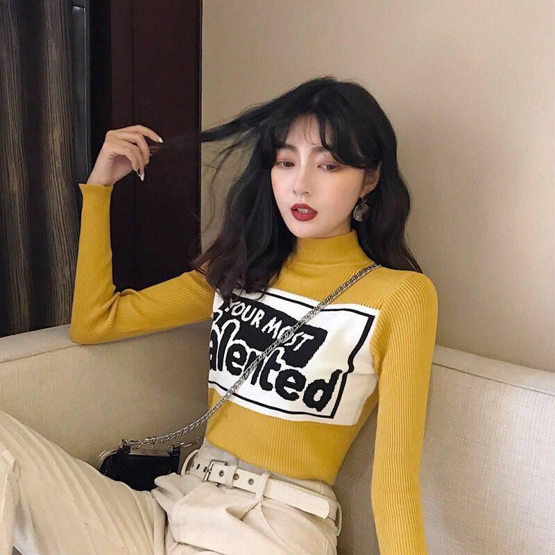 Funky Letter Knitwear Turtleneck Slim Fit Bottoming Shirts Solid Color Pullover Sweater Top