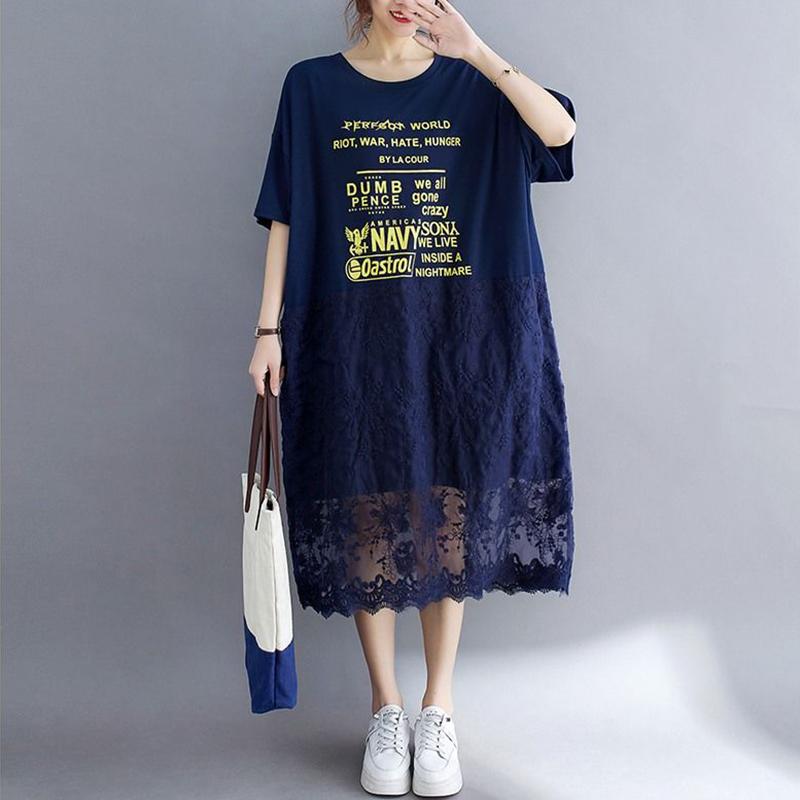 WTEMPO Plus Size Women Dress Summer Lace Round Neck Long Dress Casual Mid-calf Length