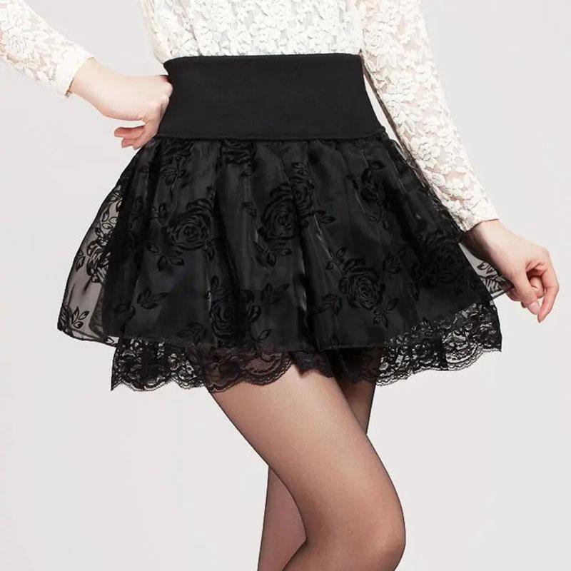 Mini Skirts for Women Summer Lace Ball Gown Black Skirt Elastic High Waist Rose Pleated Skirts Party Mesh Short Skirt