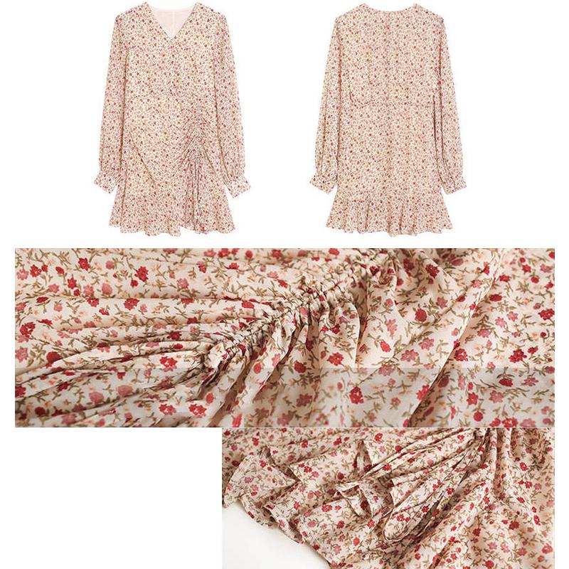 Ruffled Mini Vintage Print Irregular Dress Lantern Sleeve Elegant Chiffon Dress Slim Streetwear