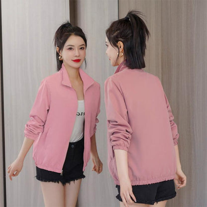 Spring and Autumn Solid Color Sports Casual Stand Collar Short Jacket Loose Versatile Ladies Jacket Windbreaker