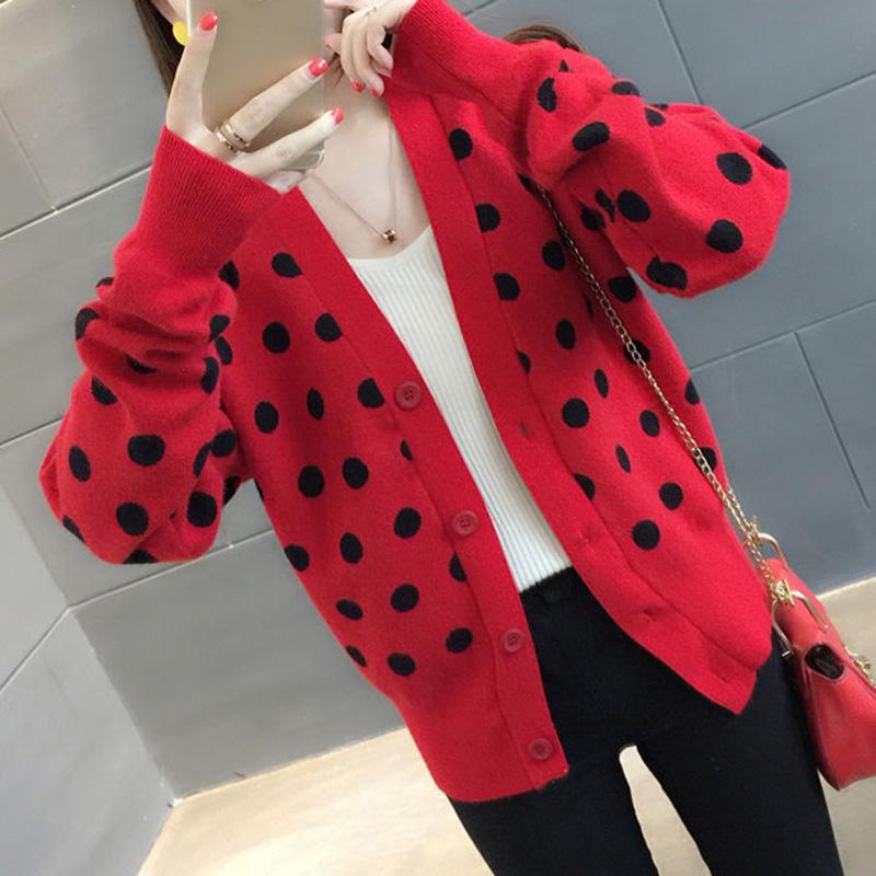 Polka Dot Short Knit Top Loose College Style V-neck Sweater Fashion Casual Jacket Women