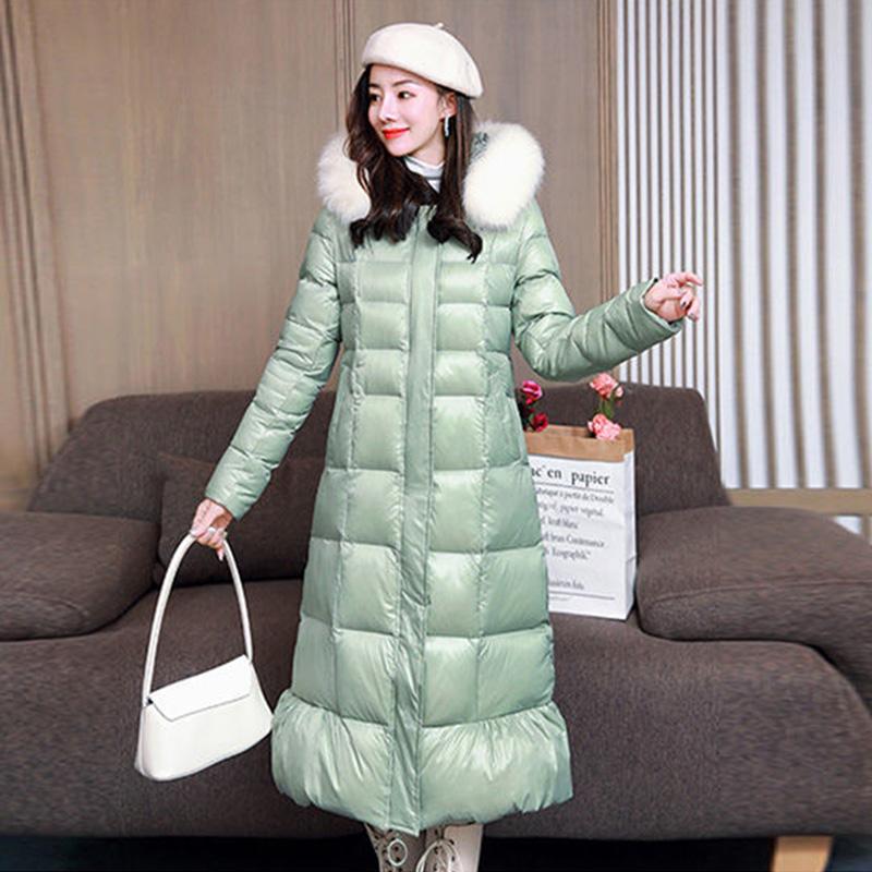 Glossy Down Padded Jacket Women's Winter Clothes Mid-length Thick Padded Coat with Large Fur Collar Waist and Thin Coat