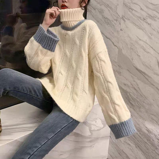 Contrasting Color Turtleneck Sweater In Autumn and Winter Loose Wild Thick Coat Simple Knitted Female Top