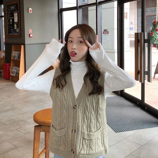 Spring and Autumn Cardigan Knitted Vest Simple Solid Color Sleeveless Top Casual Outer Women's Sweater