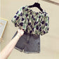One-shoulder Top Women's Short-sleeved Loose-fitting Belly Slimming Women's Blouse Floral Chiffon Shirt Top Women's Off-shoulder Chiffon Shirt